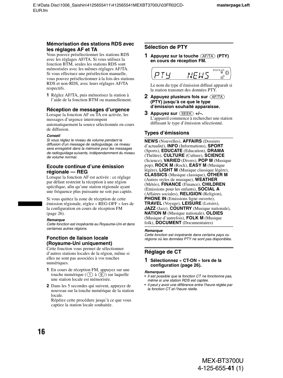 Sélection de pty, Réglage de ct, Sélection de pty réglage de ct | Sony Bluetooth BT3700U User Manual | Page 82 / 180