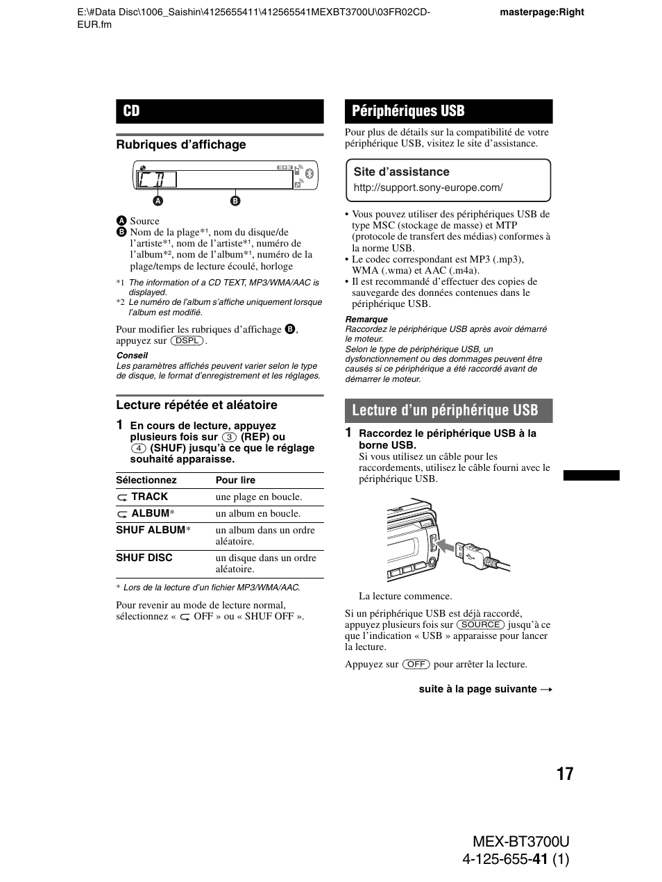 Rubriques d’affichage, Lecture répétée et aléatoire, Périphériques usb | Lecture d’un périphérique usb, Rubriques d’affichage lecture répétée et aléatoire | Sony Bluetooth BT3700U User Manual | Page 83 / 180