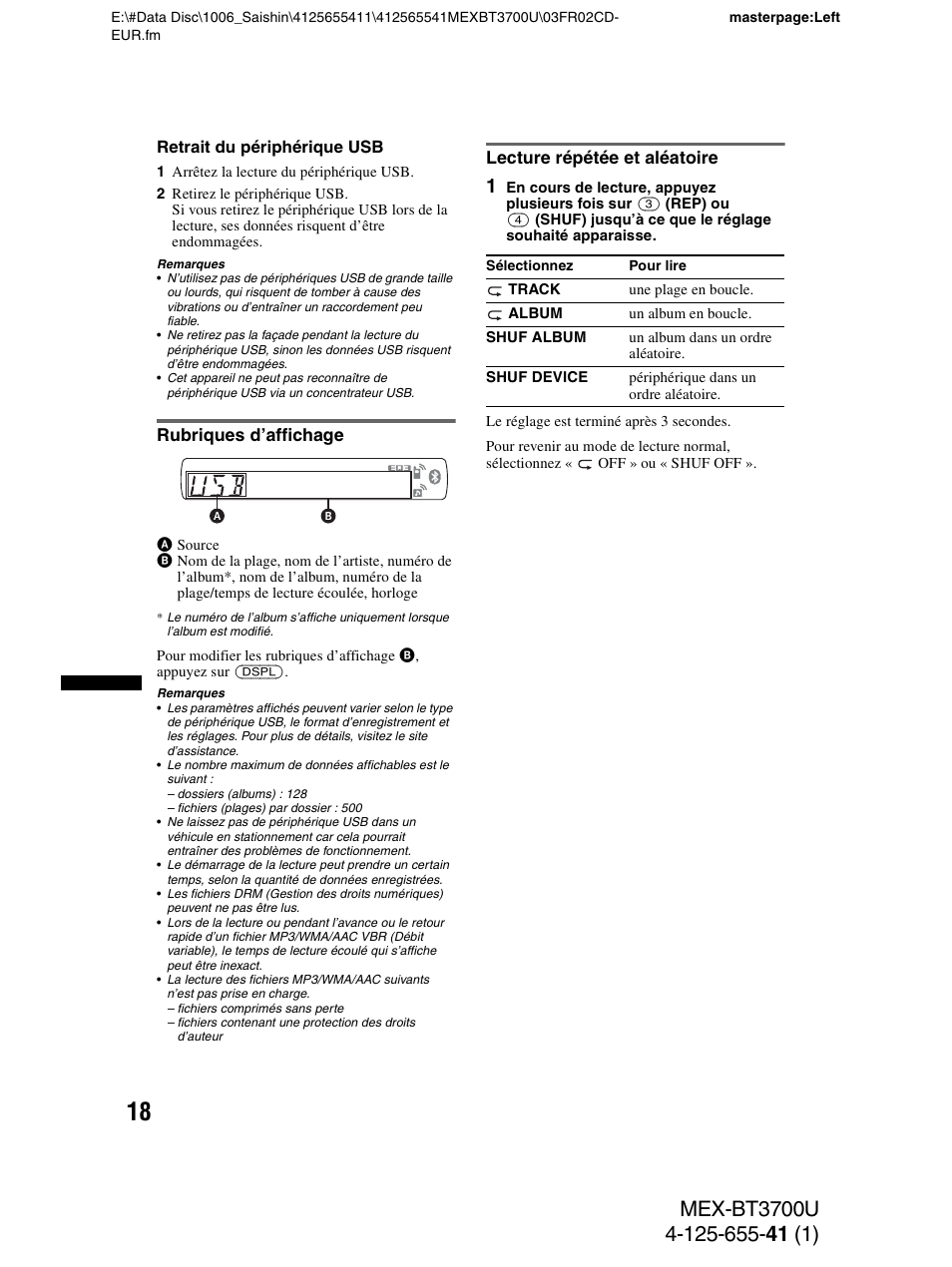 Rubriques d’affichage, Lecture répétée et aléatoire, Rubriques d’affichage lecture répétée et aléatoire | Sony Bluetooth BT3700U User Manual | Page 84 / 180