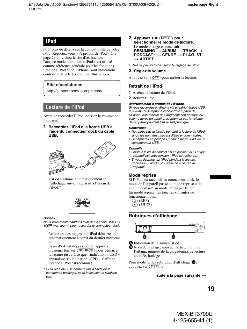 Ipod, Lecture de l’ipod, Rubriques d’affichage | Sony Bluetooth BT3700U User Manual | Page 85 / 180