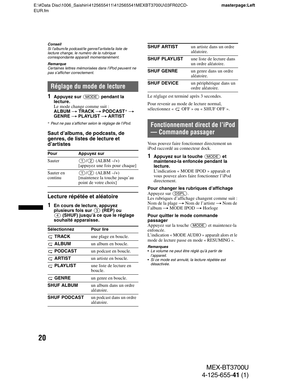 Réglage du mode de lecture, Lecture répétée et aléatoire | Sony Bluetooth BT3700U User Manual | Page 86 / 180