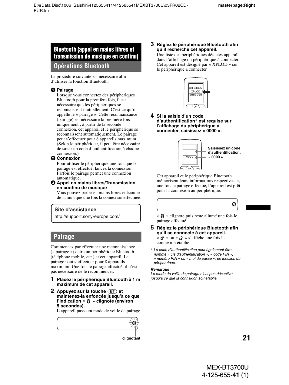 Opérations bluetooth, Pairage, Opérations bluetooth pairage | Sony Bluetooth BT3700U User Manual | Page 87 / 180