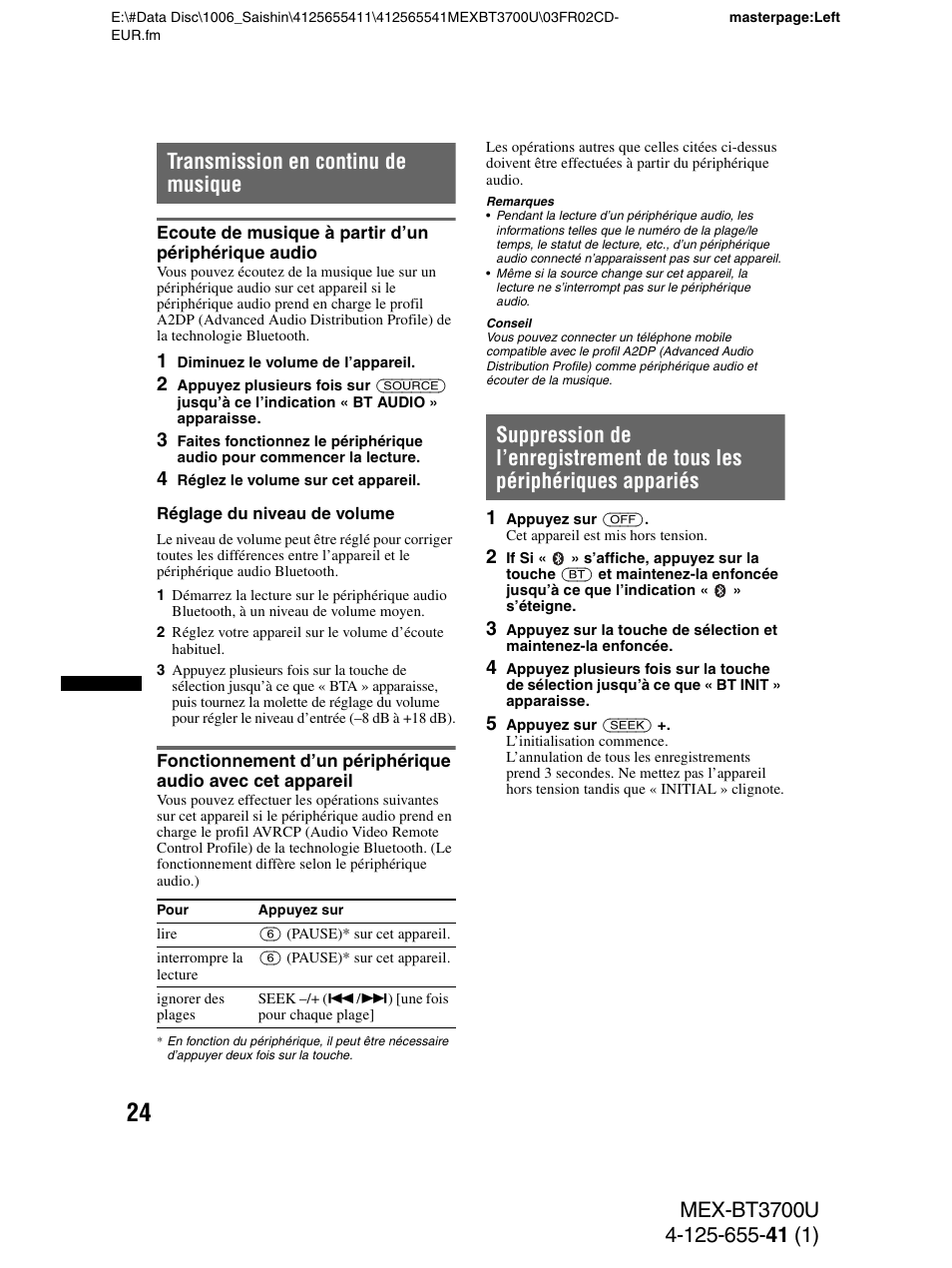 Transmission en continu de musique, Ecoute de musique à partir d’un périphérique audio | Sony Bluetooth BT3700U User Manual | Page 90 / 180