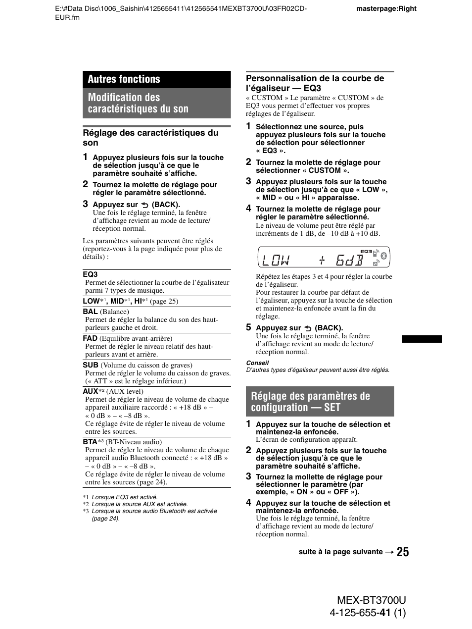 Autres fonctions, Modification des caractéristiques du son, Réglage des caractéristiques du son | Personnalisation de la courbe de l’égaliseur - eq3, Réglage des paramètres de configuration - set, Réglage des paramètres de configuration — set | Sony Bluetooth BT3700U User Manual | Page 91 / 180