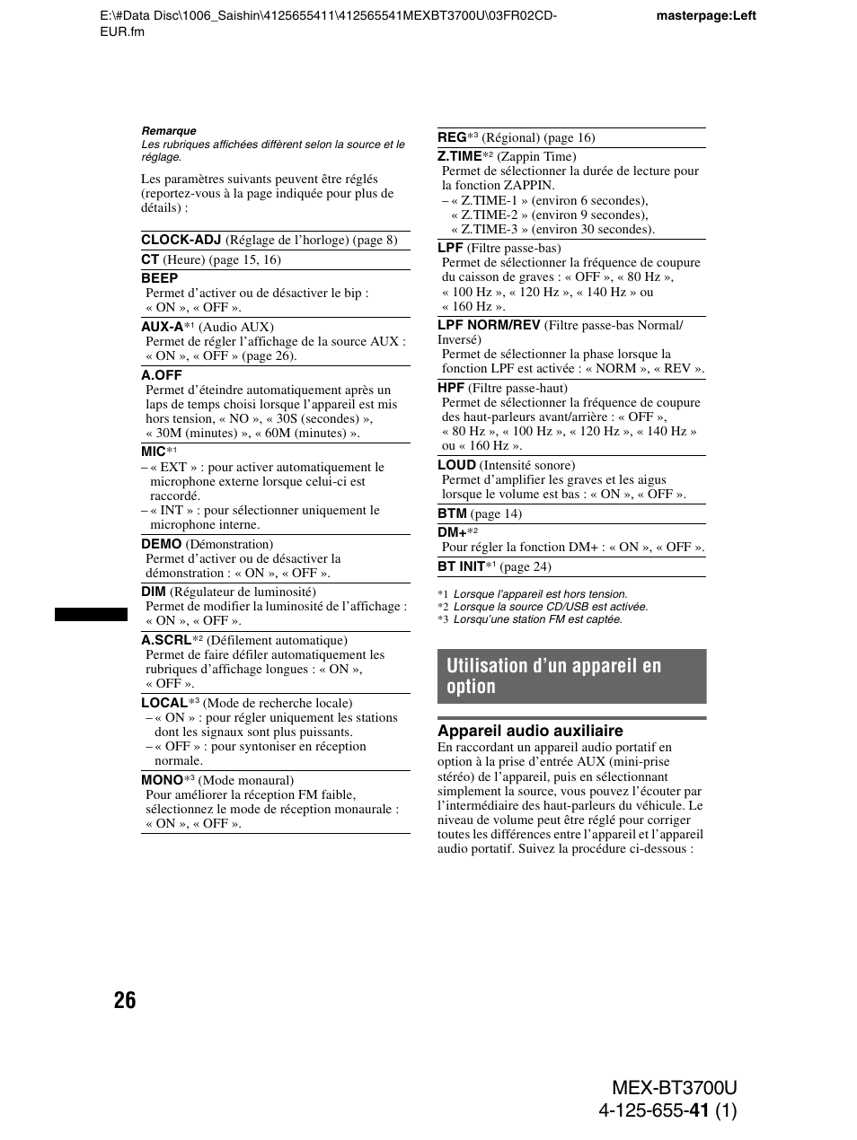 Utilisation d’un appareil en option, Appareil audio auxiliaire | Sony Bluetooth BT3700U User Manual | Page 92 / 180