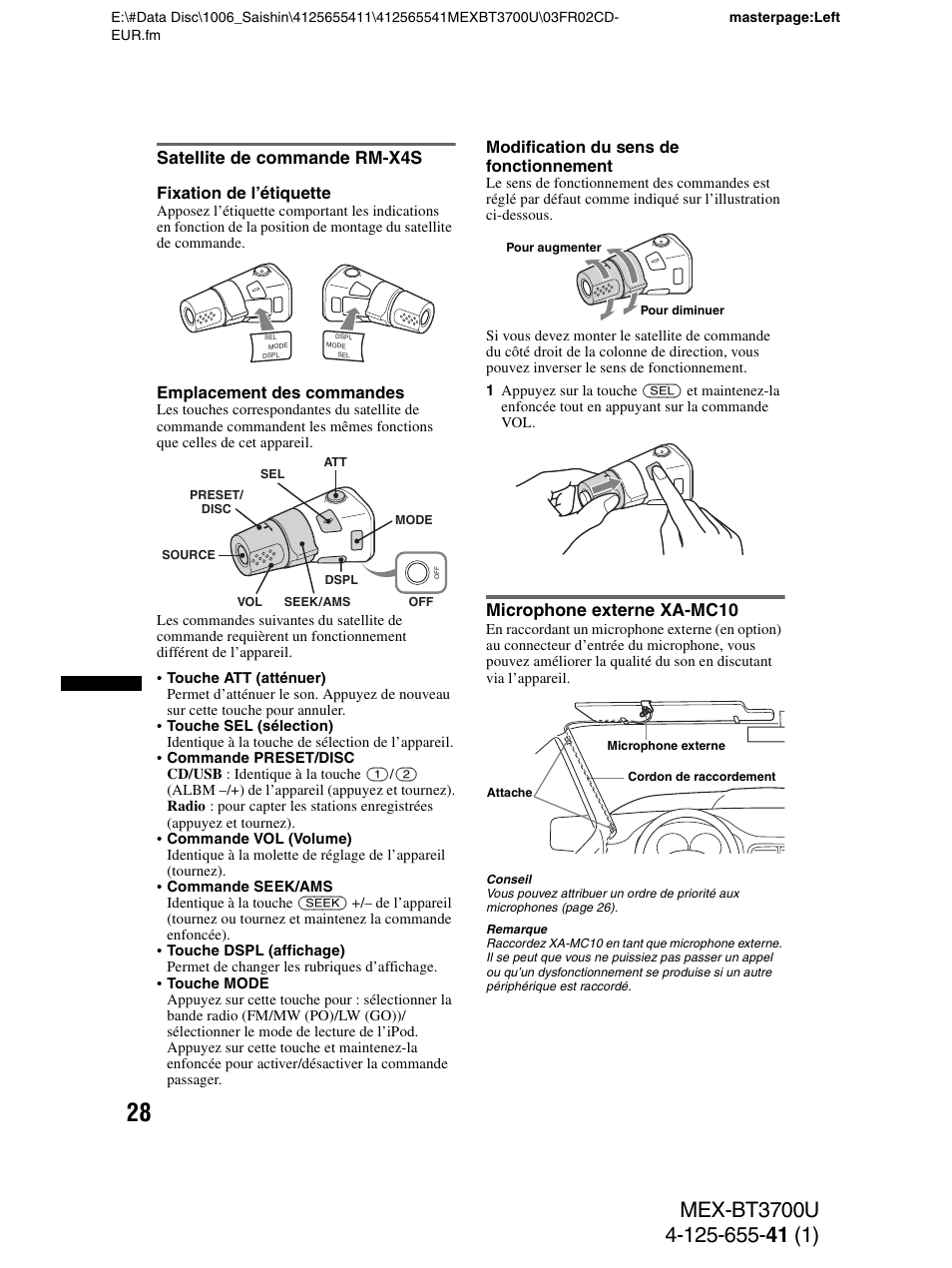 Satellite de commande rm-x4s, Microphone externe xa-mc10 | Sony Bluetooth BT3700U User Manual | Page 94 / 180