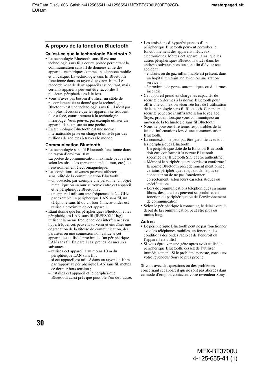 A propos de la fonction bluetooth | Sony Bluetooth BT3700U User Manual | Page 96 / 180