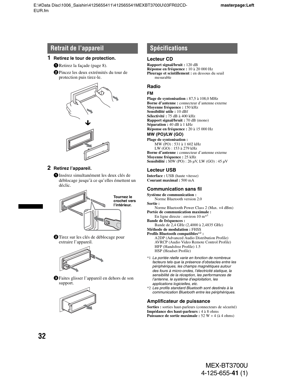 Retrait de l’appareil, Spécifications, Retrait de l’appareil spécifications | Sony Bluetooth BT3700U User Manual | Page 98 / 180