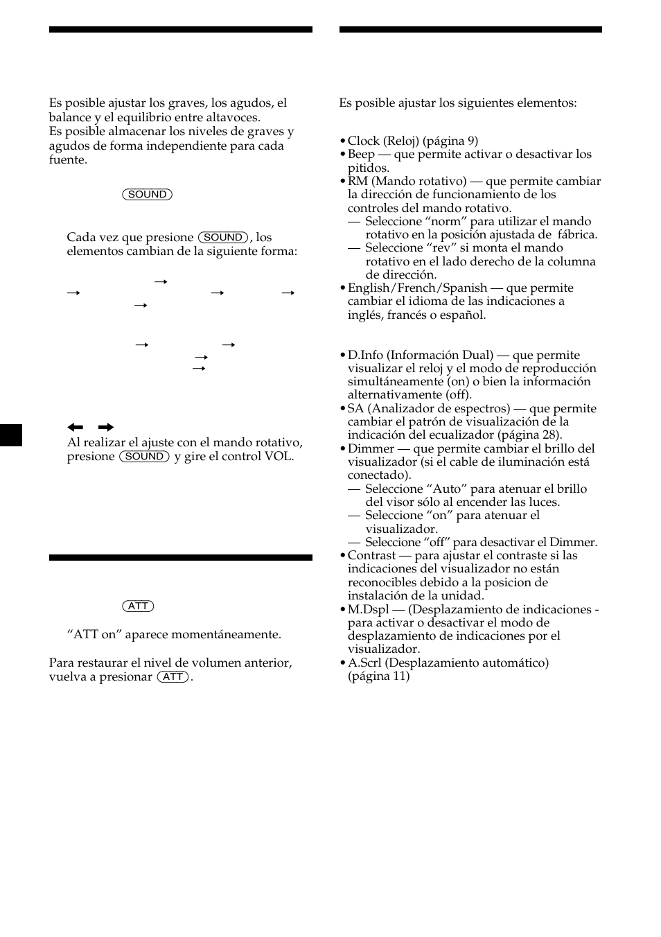 26 cambio de los ajustes de sonido y visualización, Ajuste de las características de sonido, Atenuación del sonido | Sony CDX-M750 User Manual | Page 102 / 116