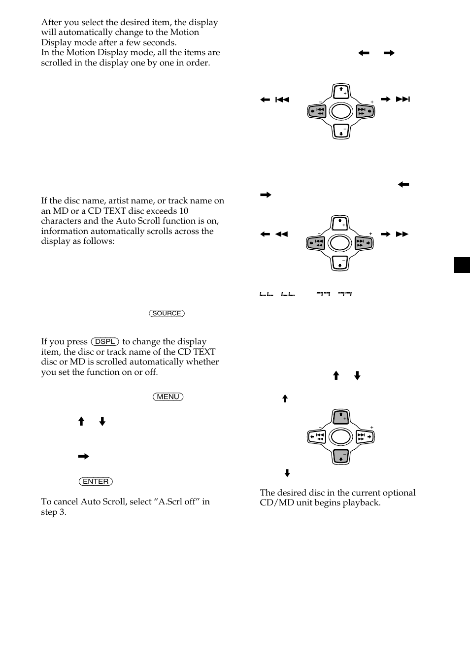Automatically scrolling a disc name — auto scroll, Locating a disc — disc selection | Sony CDX-M750 User Manual | Page 11 / 116