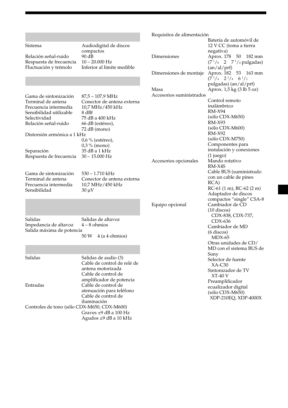 35 especificaciones, Sección del reproductor de cd, Sección del sintonizador | Sección del amplificador de potencia, General | Sony CDX-M750 User Manual | Page 111 / 116