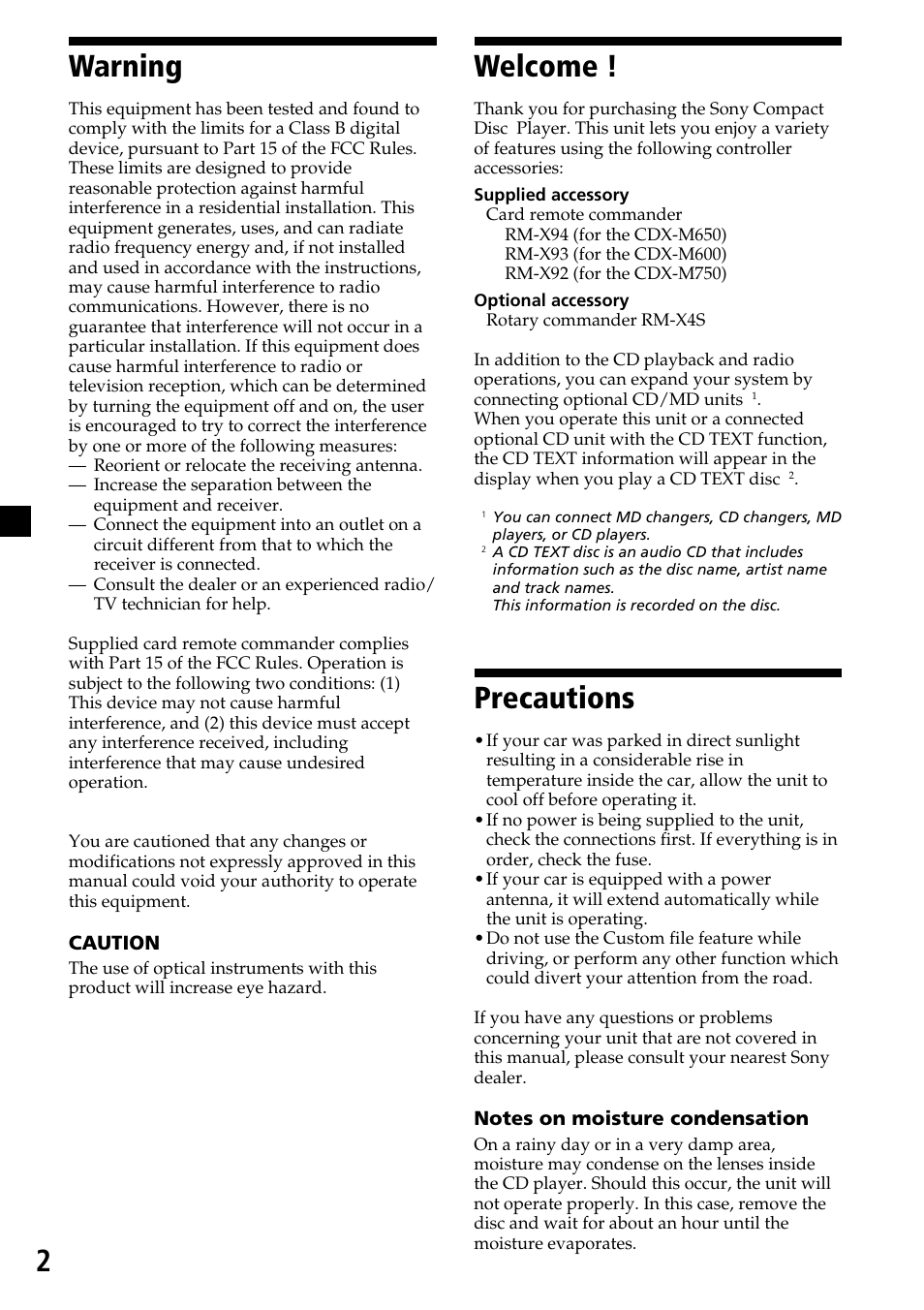 2warning, Welcome, Precautions | Sony CDX-M750 User Manual | Page 2 / 116
