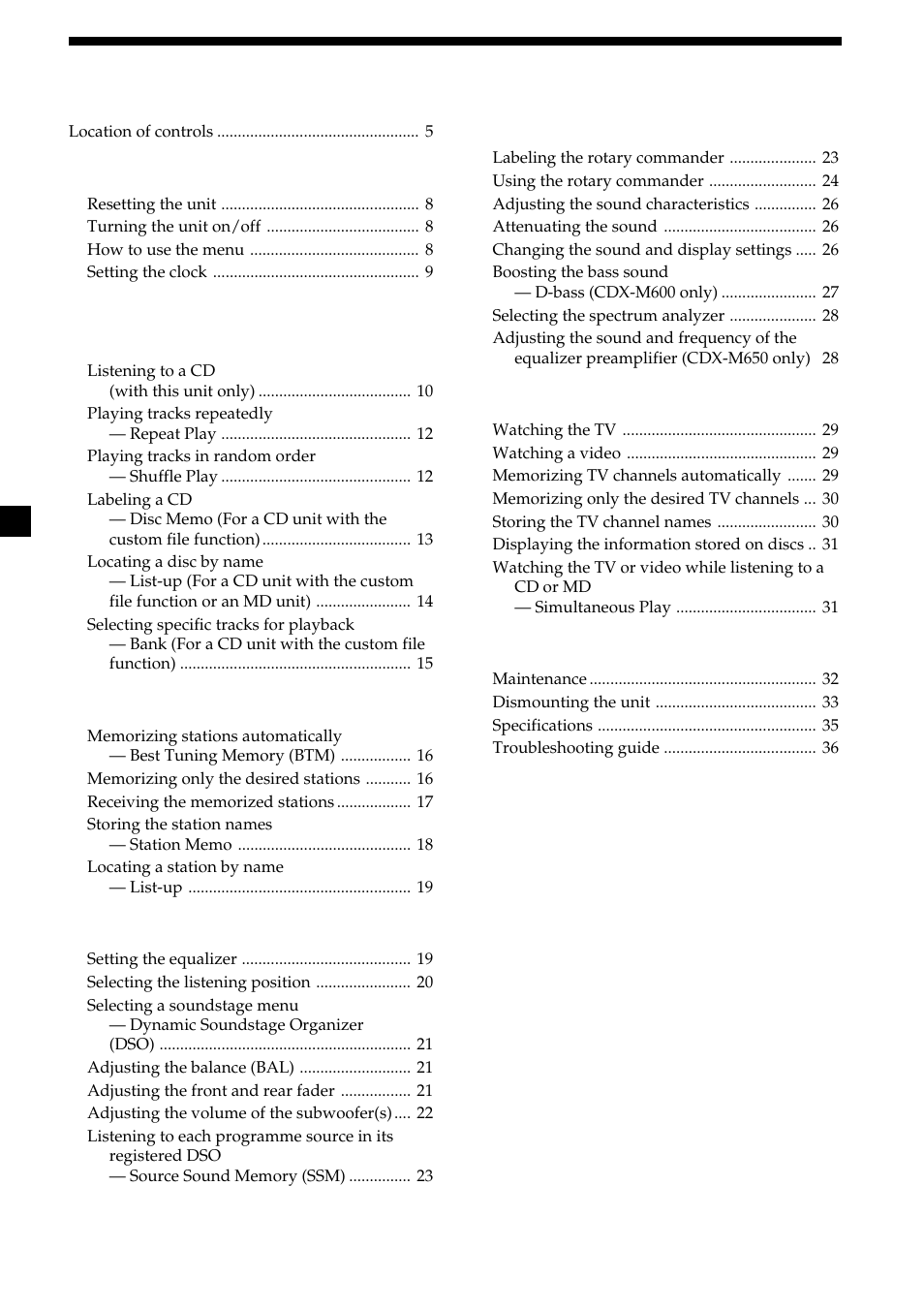 4table of contents | Sony CDX-M750 User Manual | Page 4 / 116
