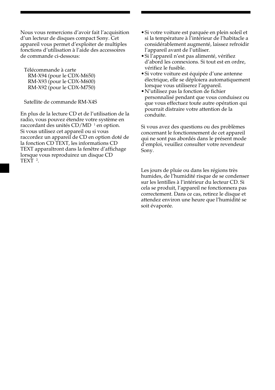 2félicitations, Précautions | Sony CDX-M750 User Manual | Page 40 / 116