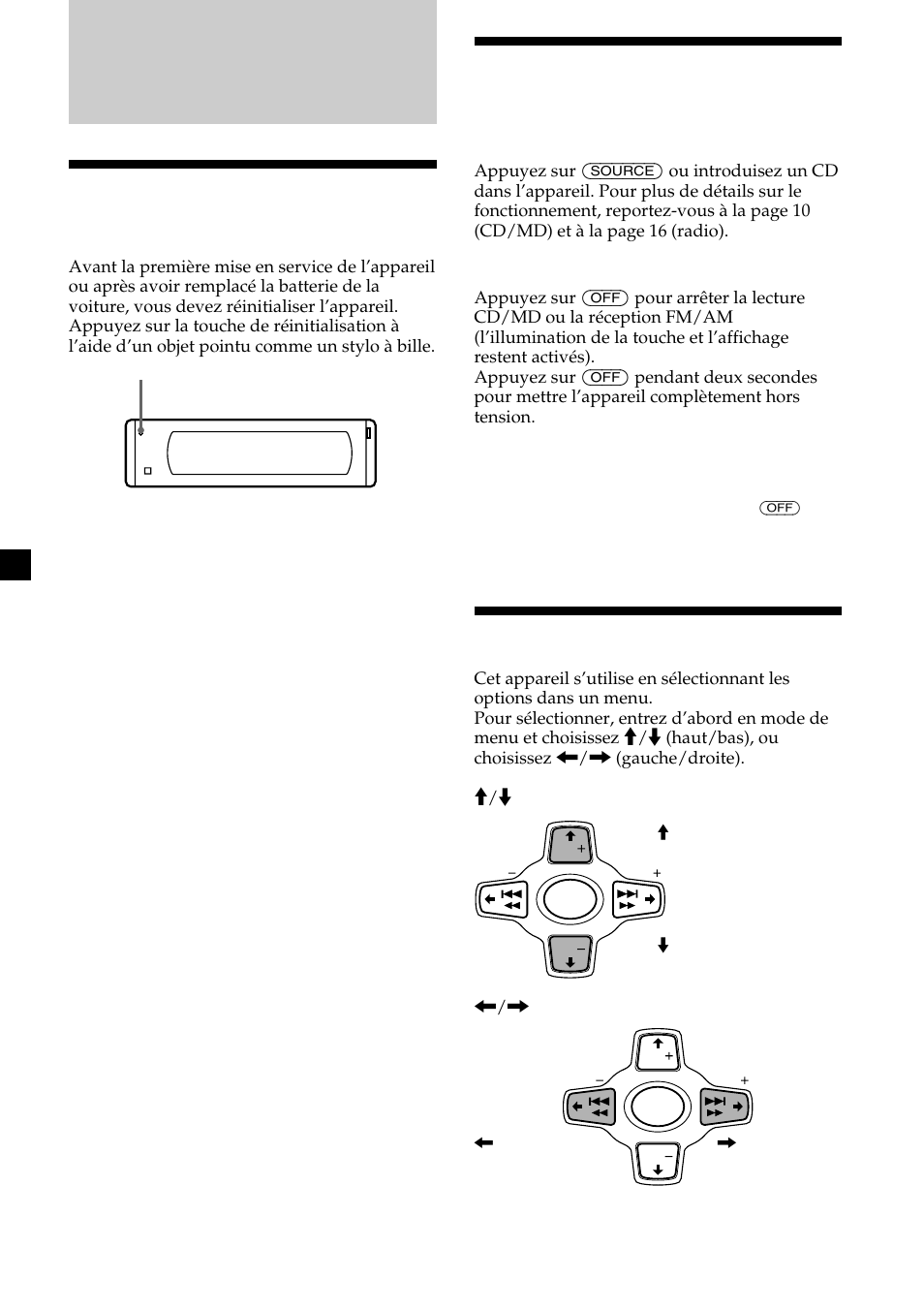 Préparation, Réinitialisation de l’appareil, Mise sous/hors tension de l’appareil | Comment utiliser le menu | Sony CDX-M750 User Manual | Page 46 / 116