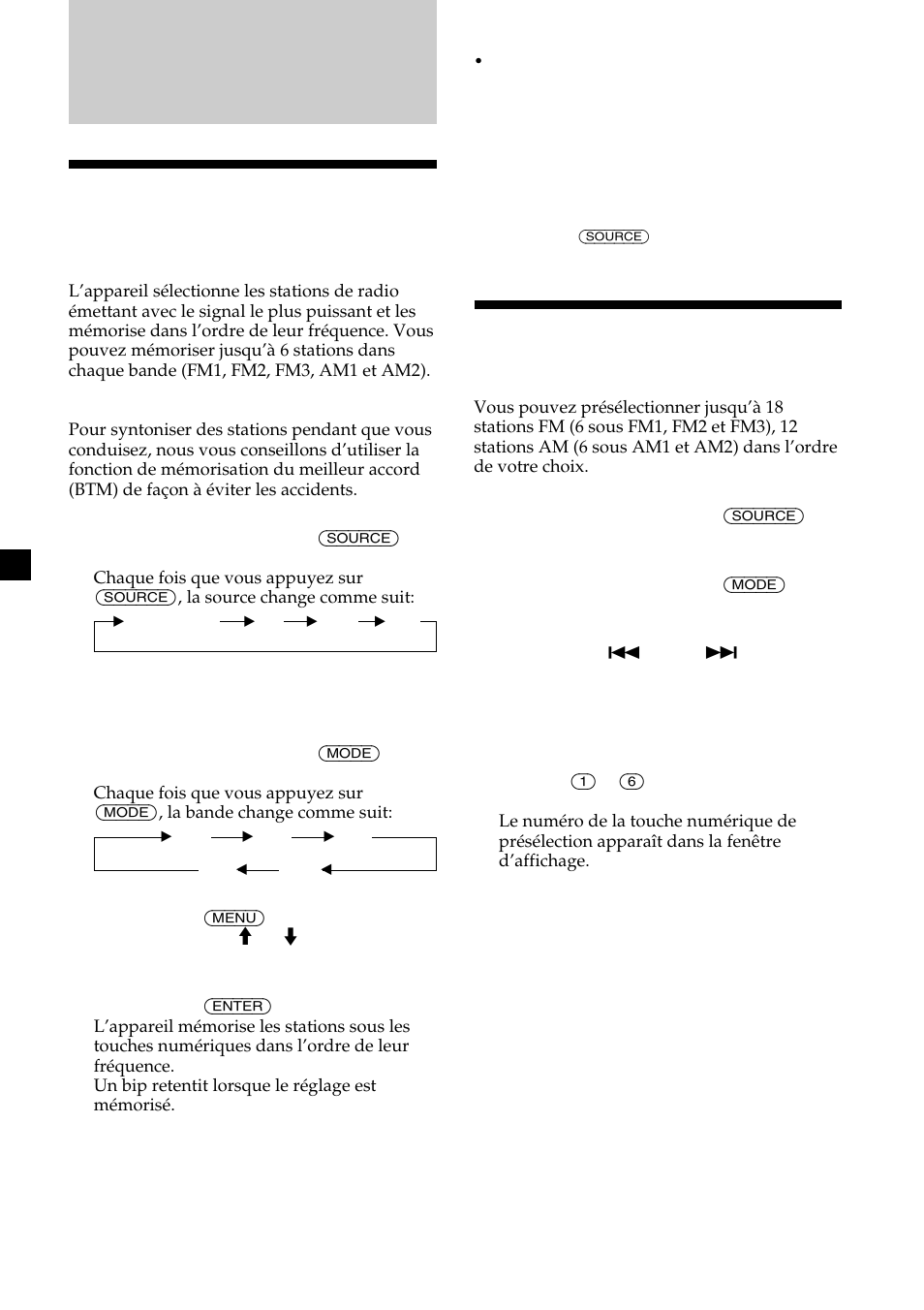 Radio, Mémorisation automatique des stations, Mémorisation de stations déterminées | Sony CDX-M750 User Manual | Page 54 / 116