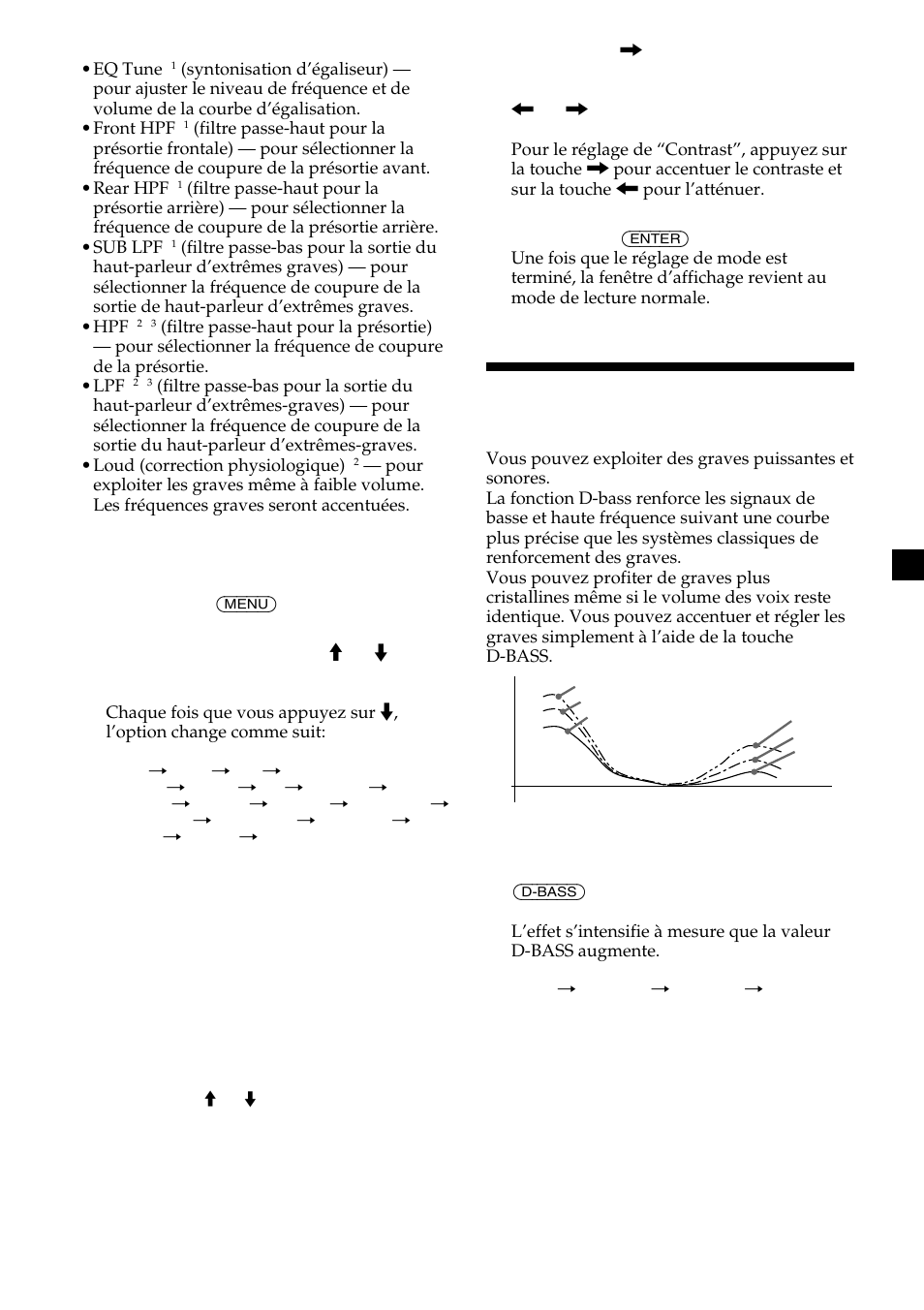 Renforcement des graves, D-bass (cdx-m600 seulement), Réglage de la courbe des graves | Snd (son) | Sony CDX-M750 User Manual | Page 65 / 116