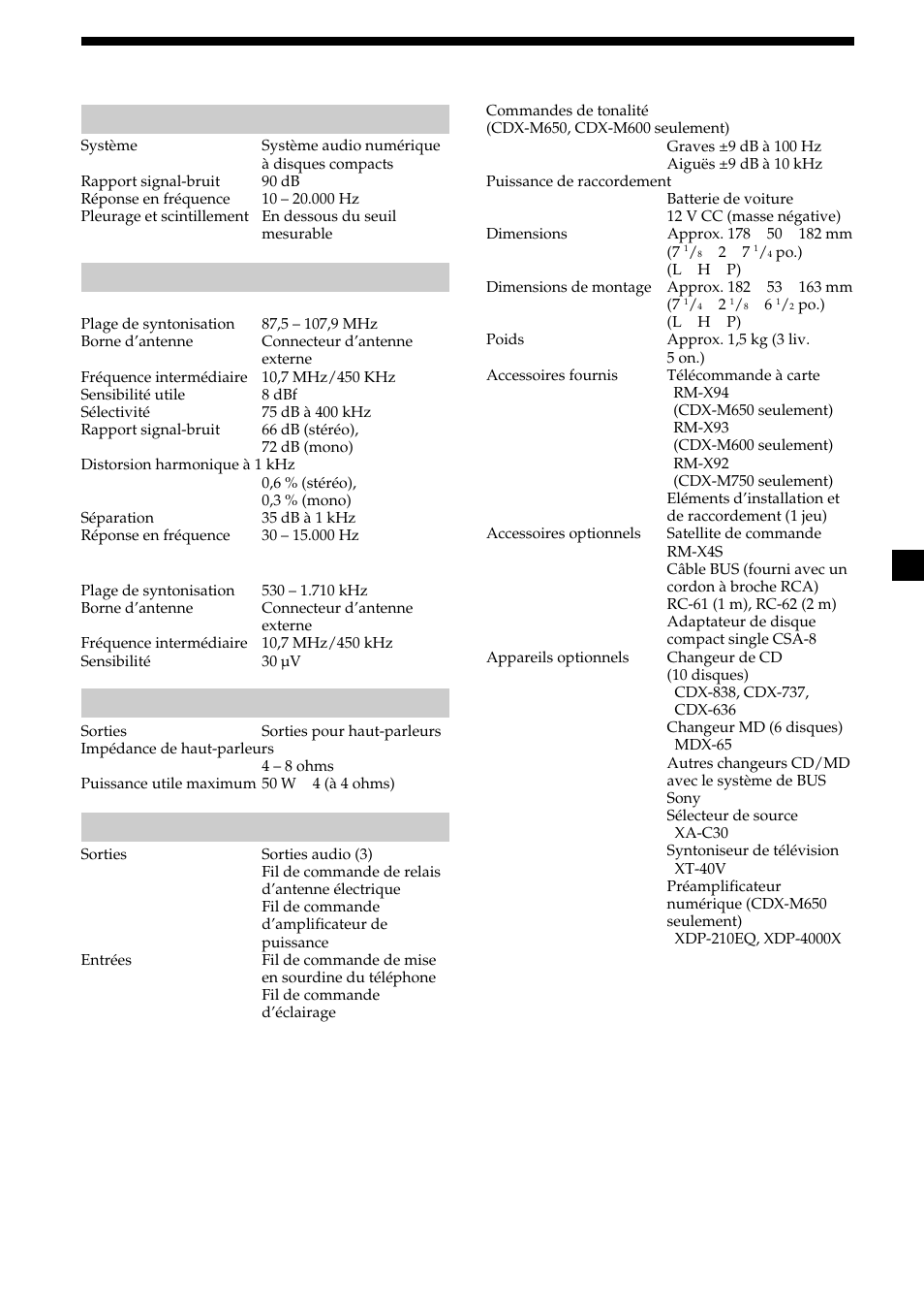 35 spécifications, Lecteur cd, Radio | Amplificateur de puissance, Caractéristiques générales | Sony CDX-M750 User Manual | Page 73 / 116