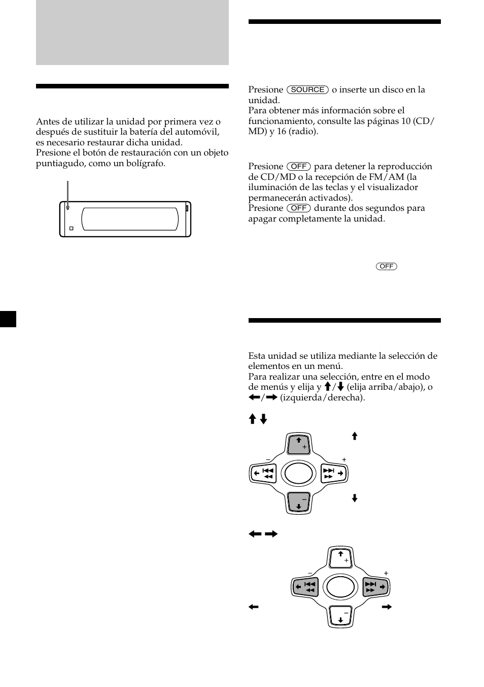 Procedimientos iniciales, Restauración de la unidad, Activación/desactivación de la unidad | Utilización del menú | Sony CDX-M750 User Manual | Page 84 / 116