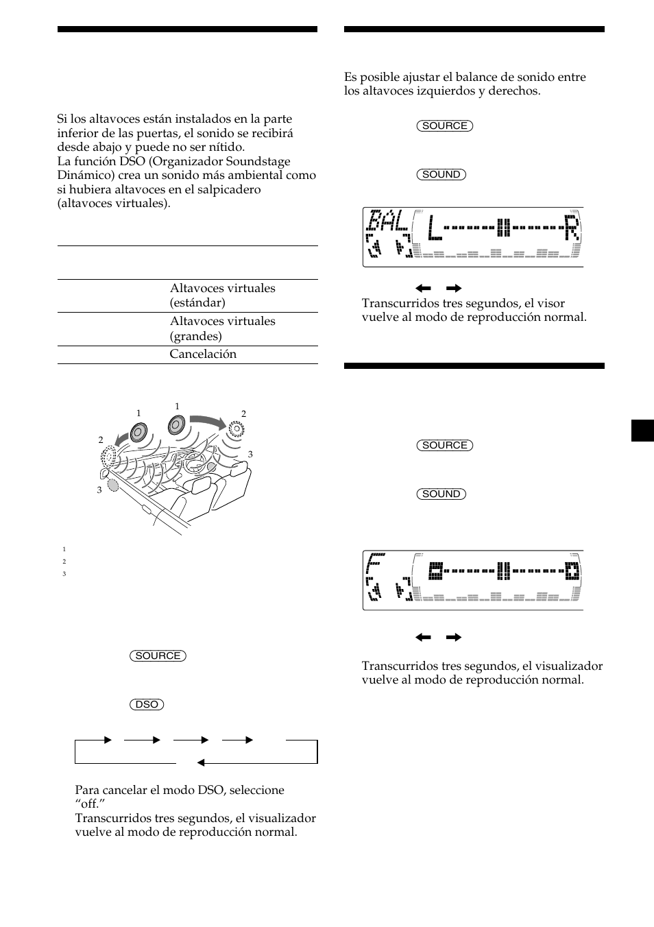 Selección de un menú soundstage, Ajuste del balance (bal), Ajuste de la atenuación frontal y posterior | Sony CDX-M750 User Manual | Page 97 / 116