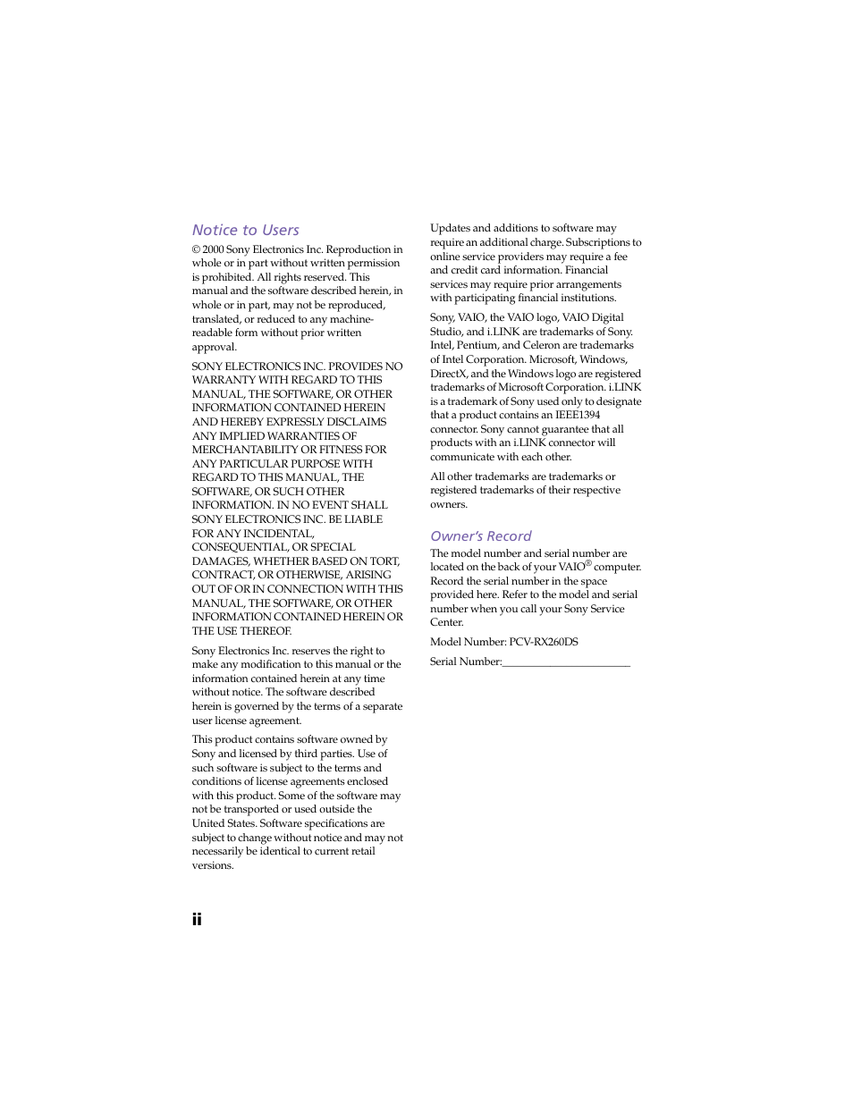 Notice to users, Owner’s record | Sony VAIO PCV-RX260DS User Manual | Page 2 / 114