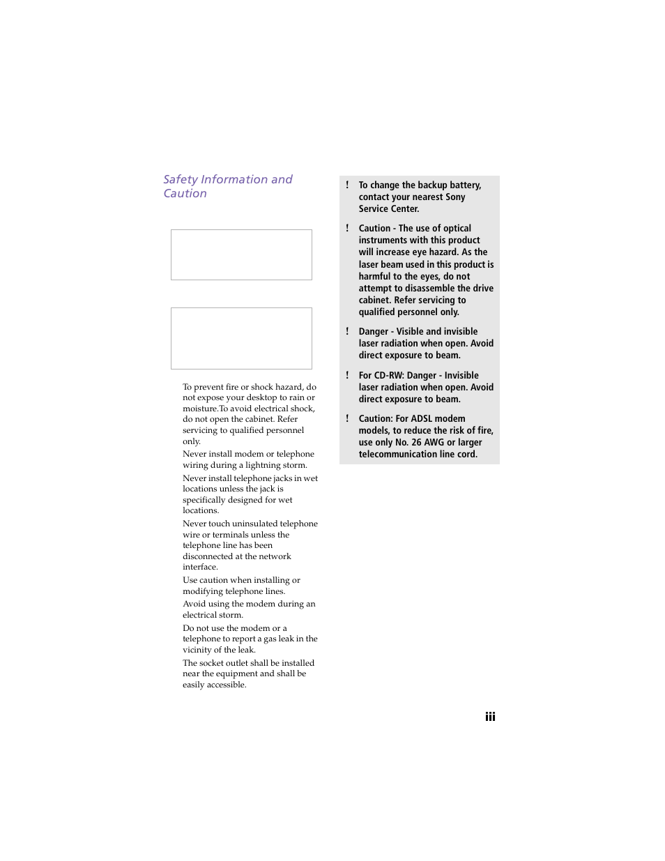 Safety information and caution, Iii safety information and caution | Sony VAIO PCV-RX260DS User Manual | Page 3 / 114