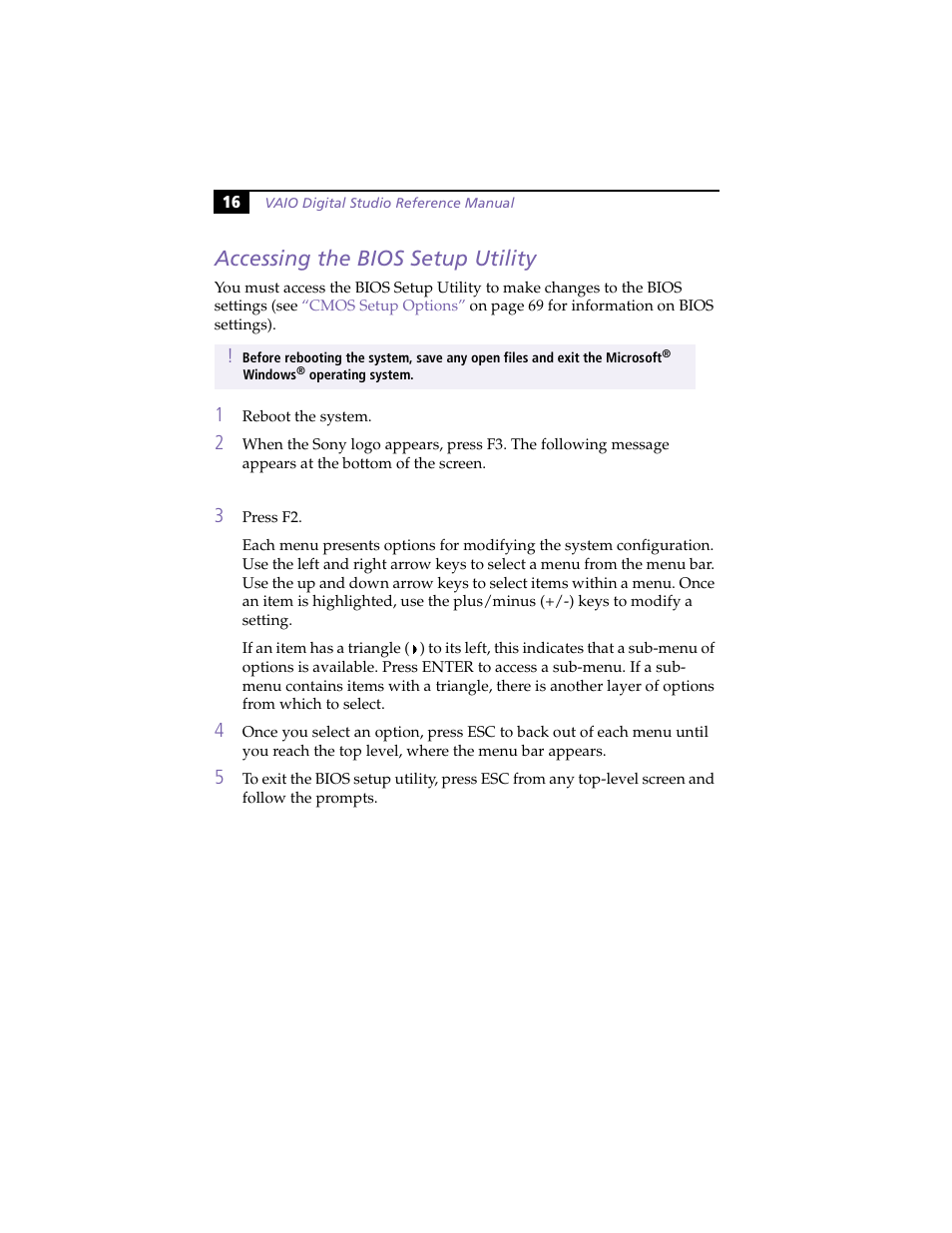 Accessing the bios setup utility | Sony VAIO PCV-RX260DS User Manual | Page 30 / 114