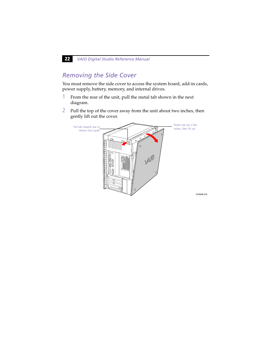 Removing the side cover | Sony VAIO PCV-RX260DS User Manual | Page 36 / 114