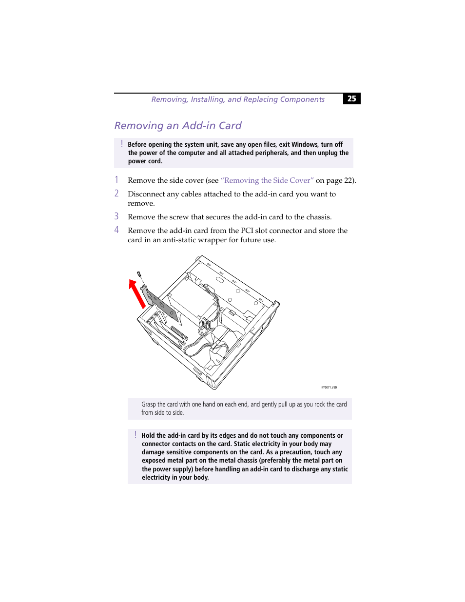 Removing an add-in card | Sony VAIO PCV-RX260DS User Manual | Page 39 / 114