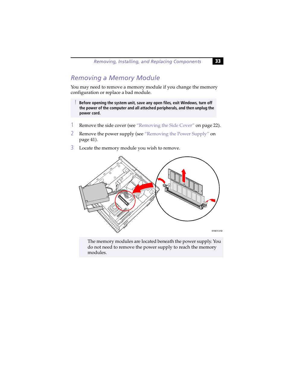 Removing a memory module | Sony VAIO PCV-RX260DS User Manual | Page 47 / 114