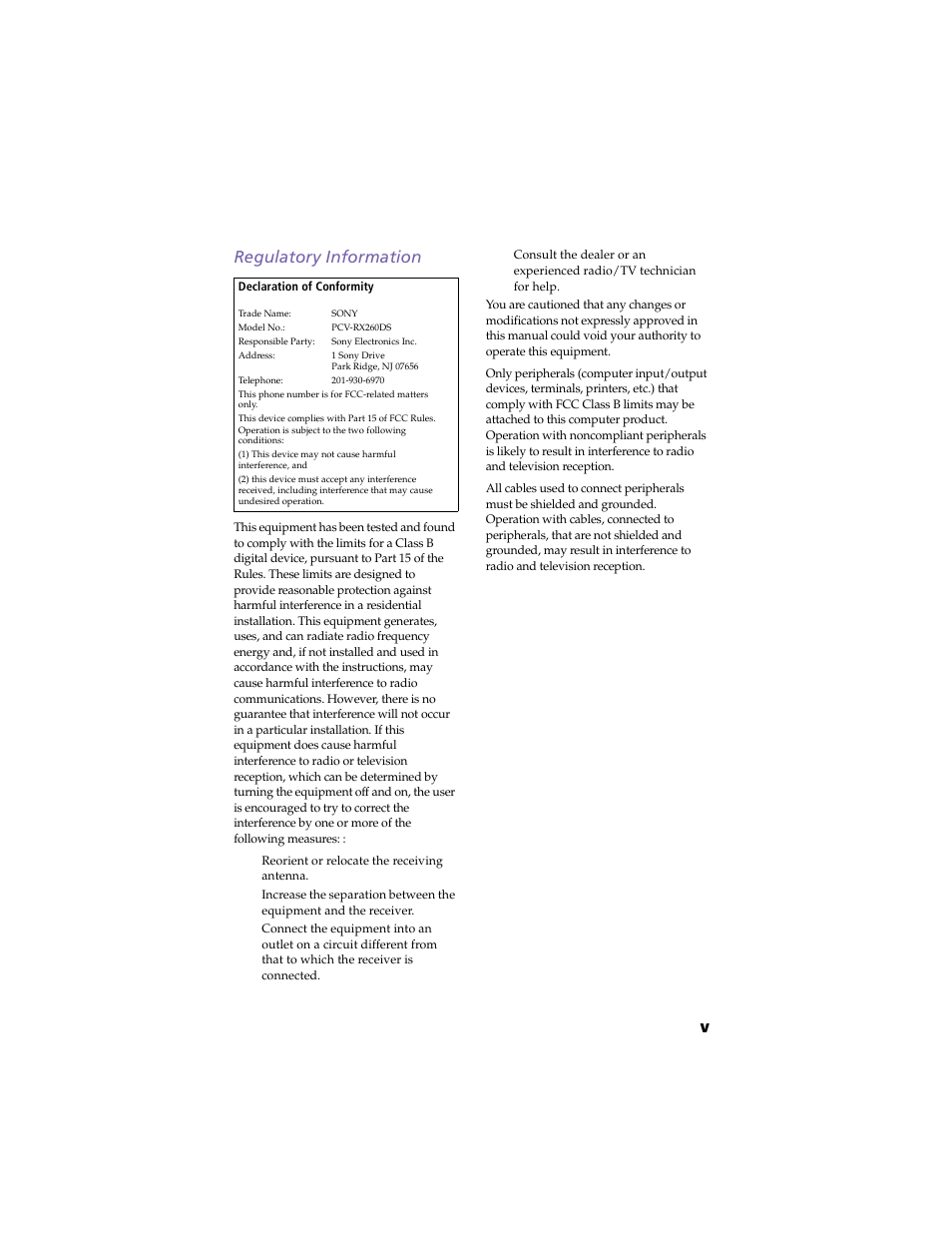 Regulatory information, Vregulatory information | Sony VAIO PCV-RX260DS User Manual | Page 5 / 114
