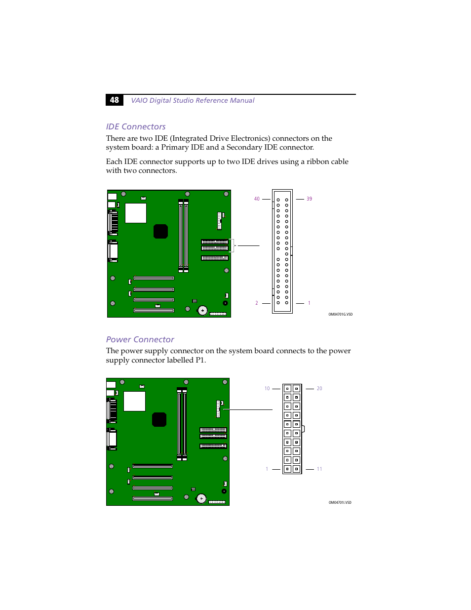 Ide connectors, Power connector, Ide connectors power connector | 48 ide connectors | Sony VAIO PCV-RX260DS User Manual | Page 62 / 114