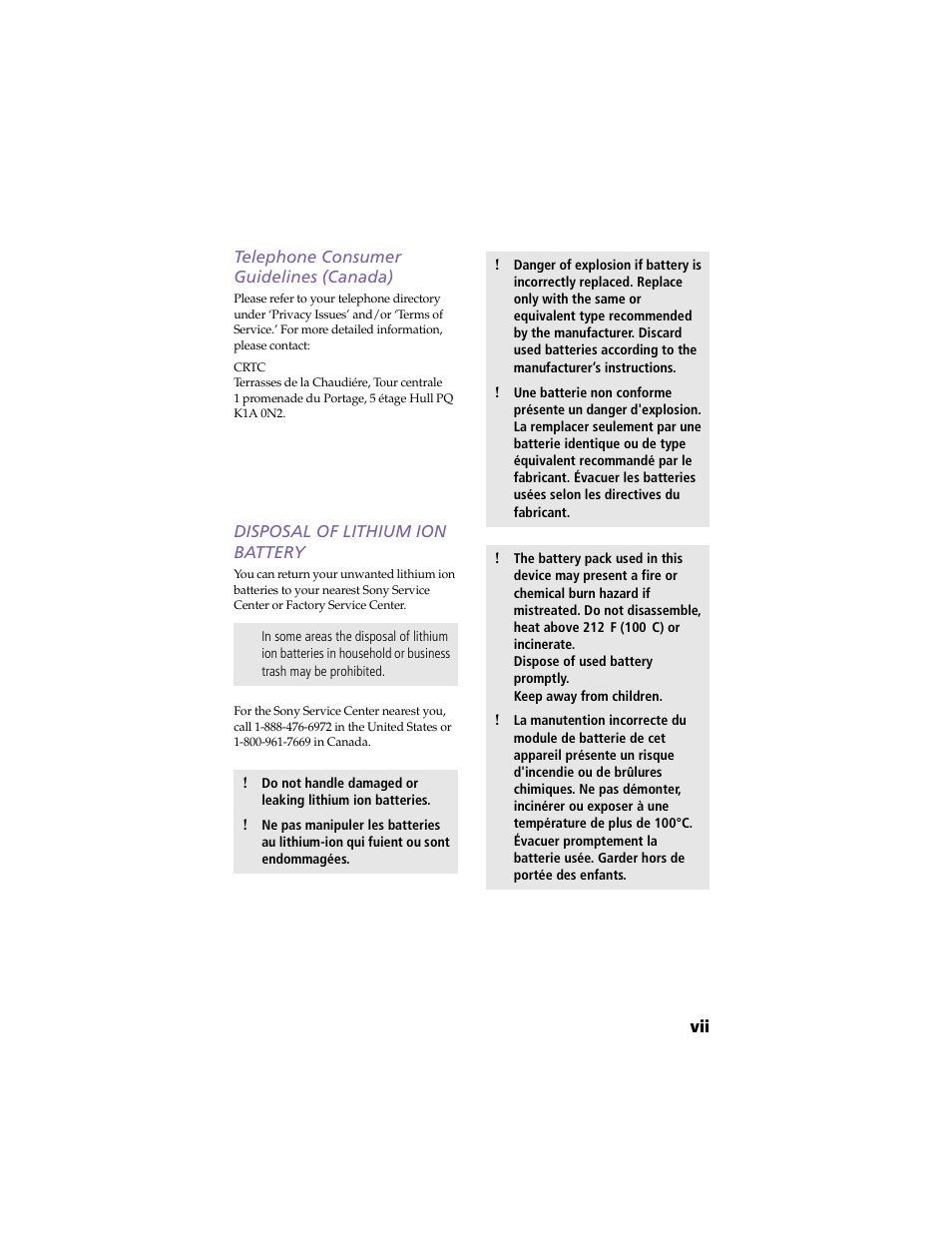 Telephone consumer guidelines (canada), Disposal of lithium ion battery | Sony VAIO PCV-RX260DS User Manual | Page 7 / 114