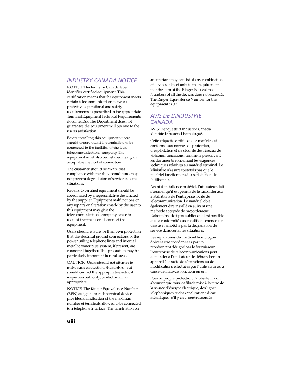 Industry canada notice, Avis de l’industrie canada, Viii | Sony VAIO PCV-RX260DS User Manual | Page 8 / 114