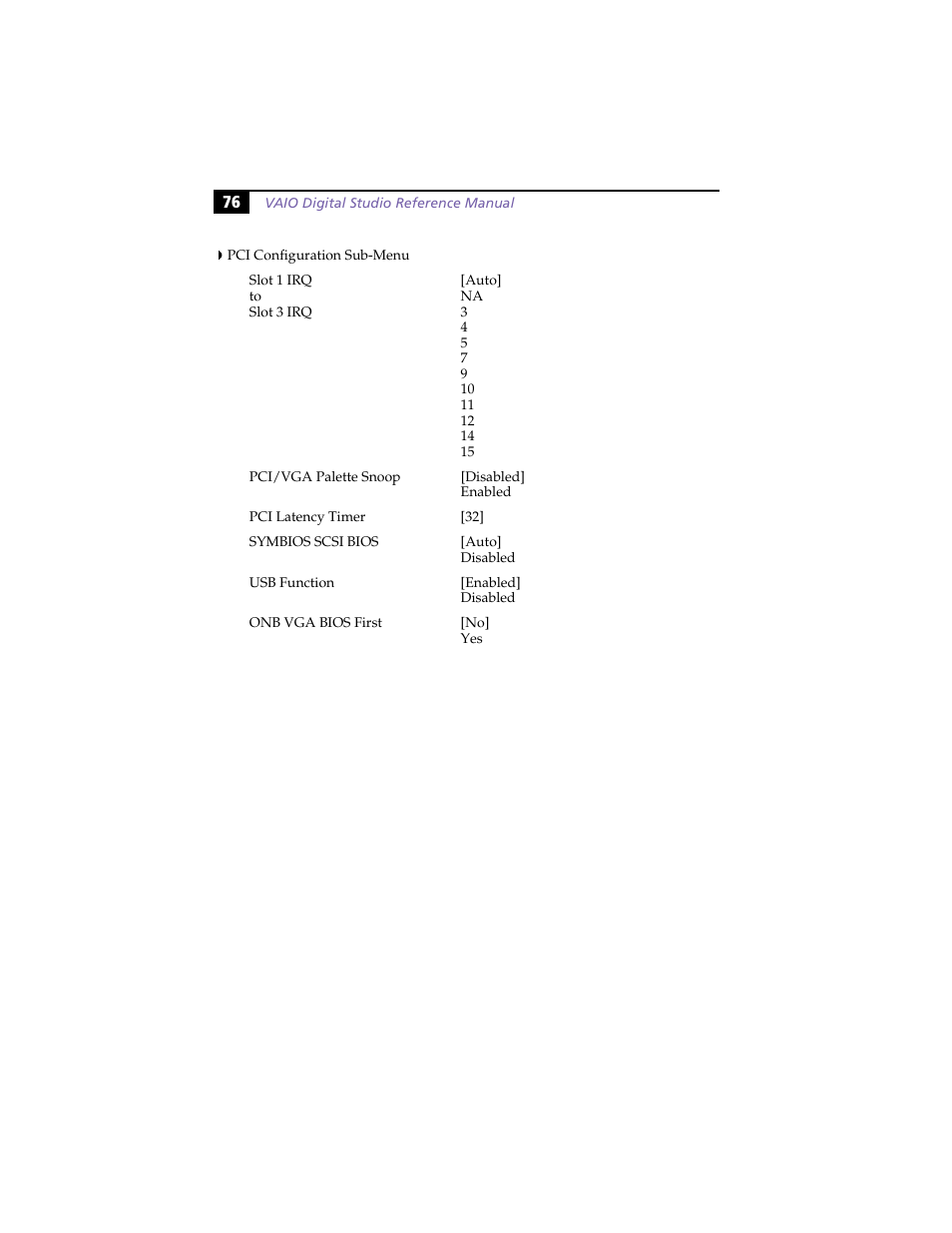 Pci configuration sub-menu | Sony VAIO PCV-RX260DS User Manual | Page 90 / 114