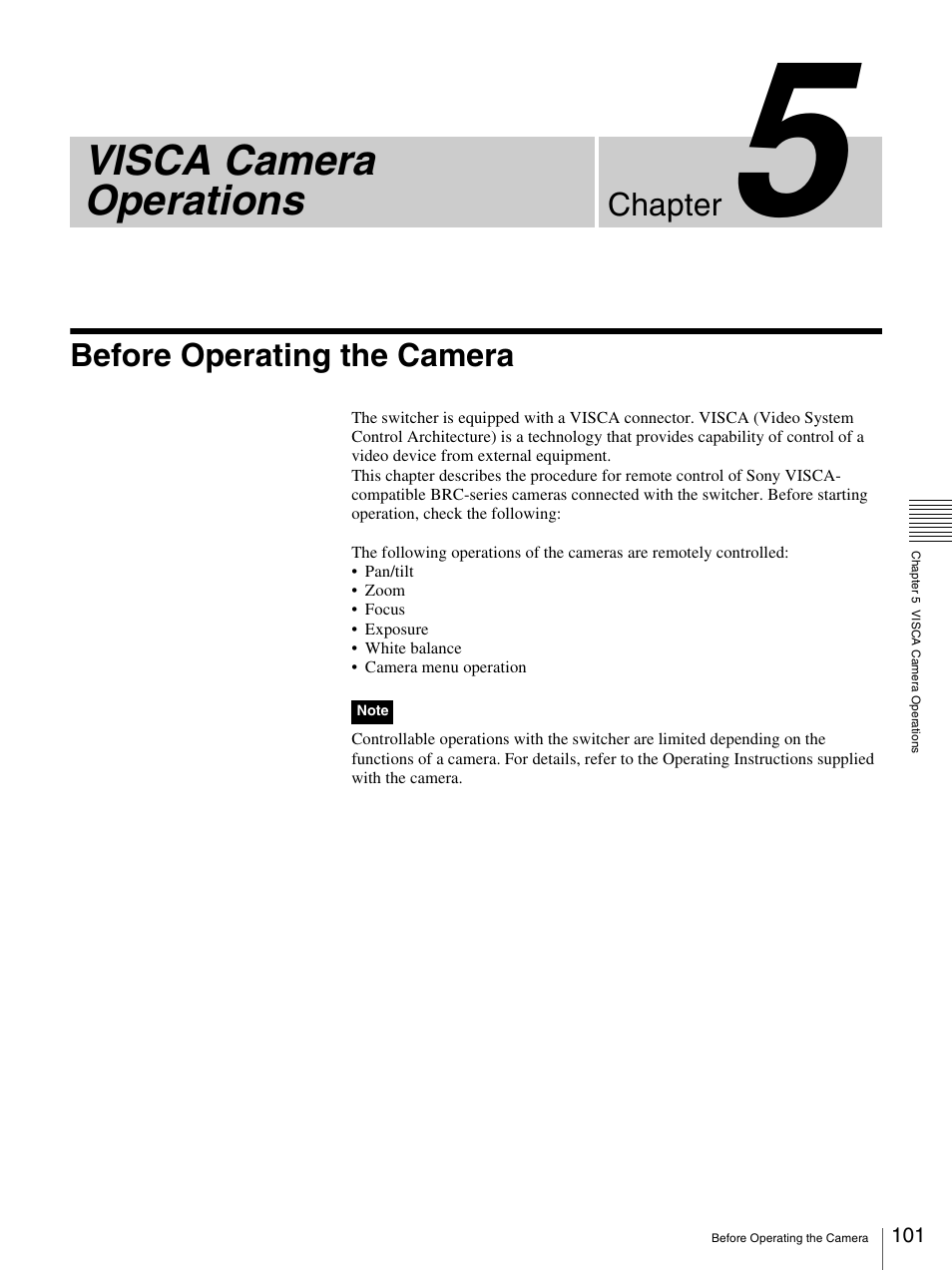 Chapter 5 visca camera operations, Before operating the camera, Visca camera operations | Chapter | Sony BRS-200 User Manual | Page 101 / 159