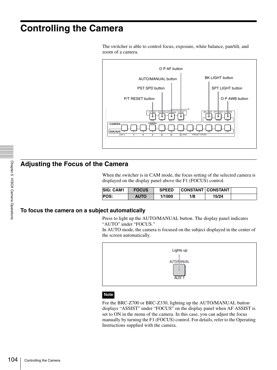 Controlling the camera, Adjusting the focus of the camera | Sony BRS-200 User Manual | Page 104 / 159