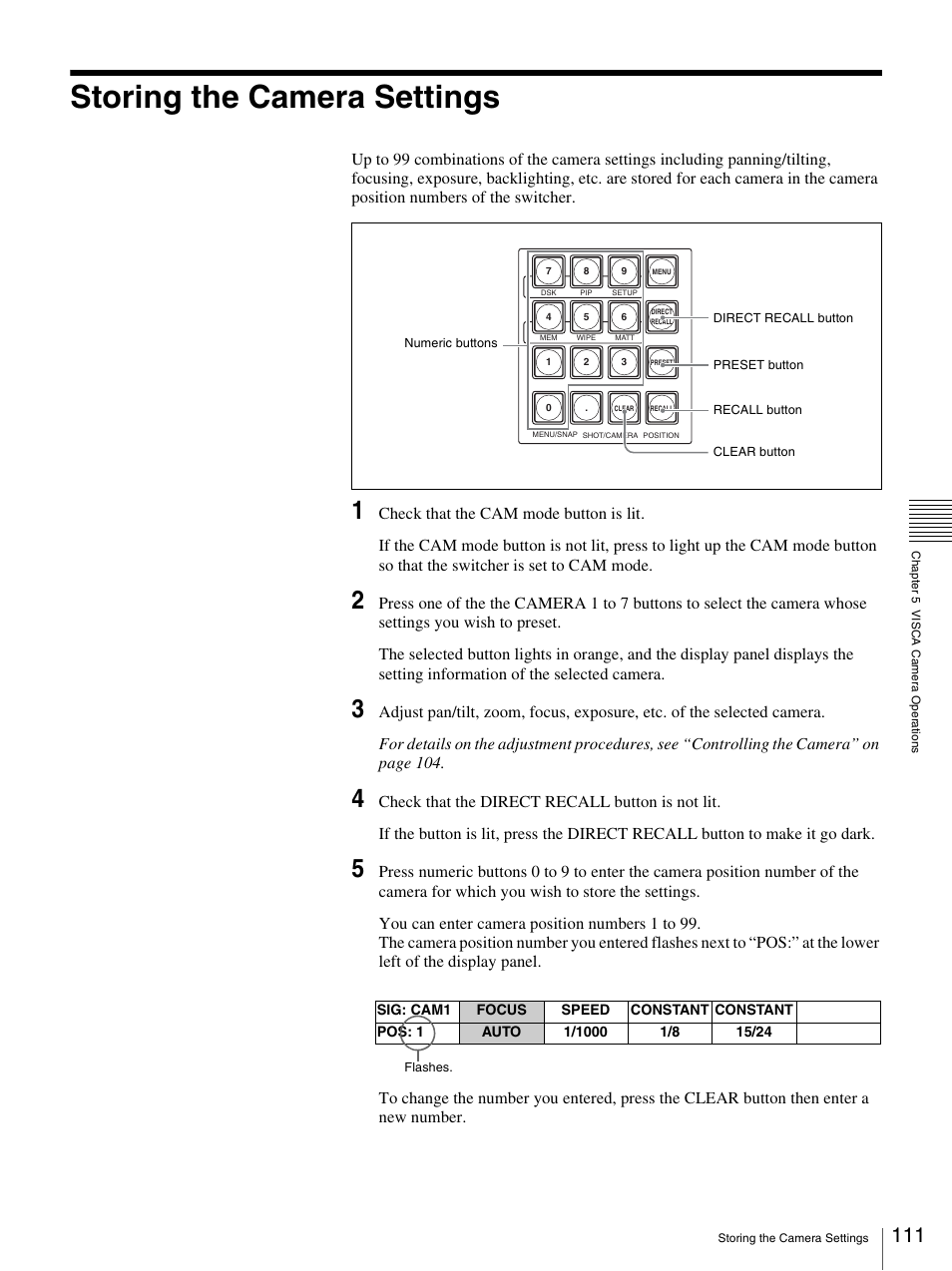 Storing the camera settings | Sony BRS-200 User Manual | Page 111 / 159