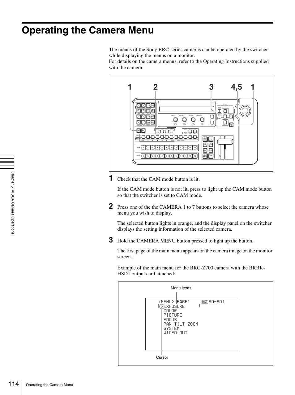 Operating the camera menu, Menu items cursor | Sony BRS-200 User Manual | Page 114 / 159