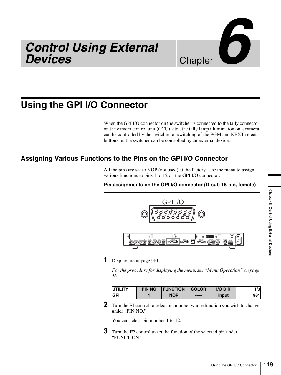 Chapter 6 control using external devices, Using the gpi i/o connector, Control using external devices | Chapter, Gpi i/o | Sony BRS-200 User Manual | Page 119 / 159