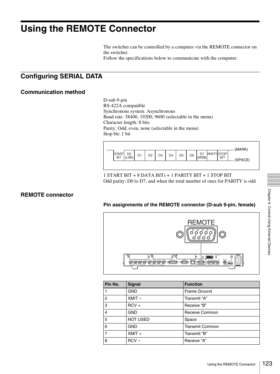 Using the remote connector, Configuring serial data, Remote | Communication method, Remote connector | Sony BRS-200 User Manual | Page 123 / 159