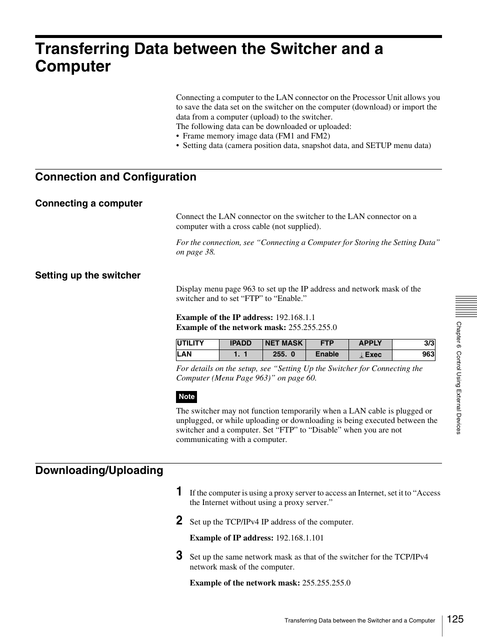 Connection and configuration, Downloading/uploading, Connection and configuration downloading/uploading | Connecting a computer, Setting up the switcher | Sony BRS-200 User Manual | Page 125 / 159