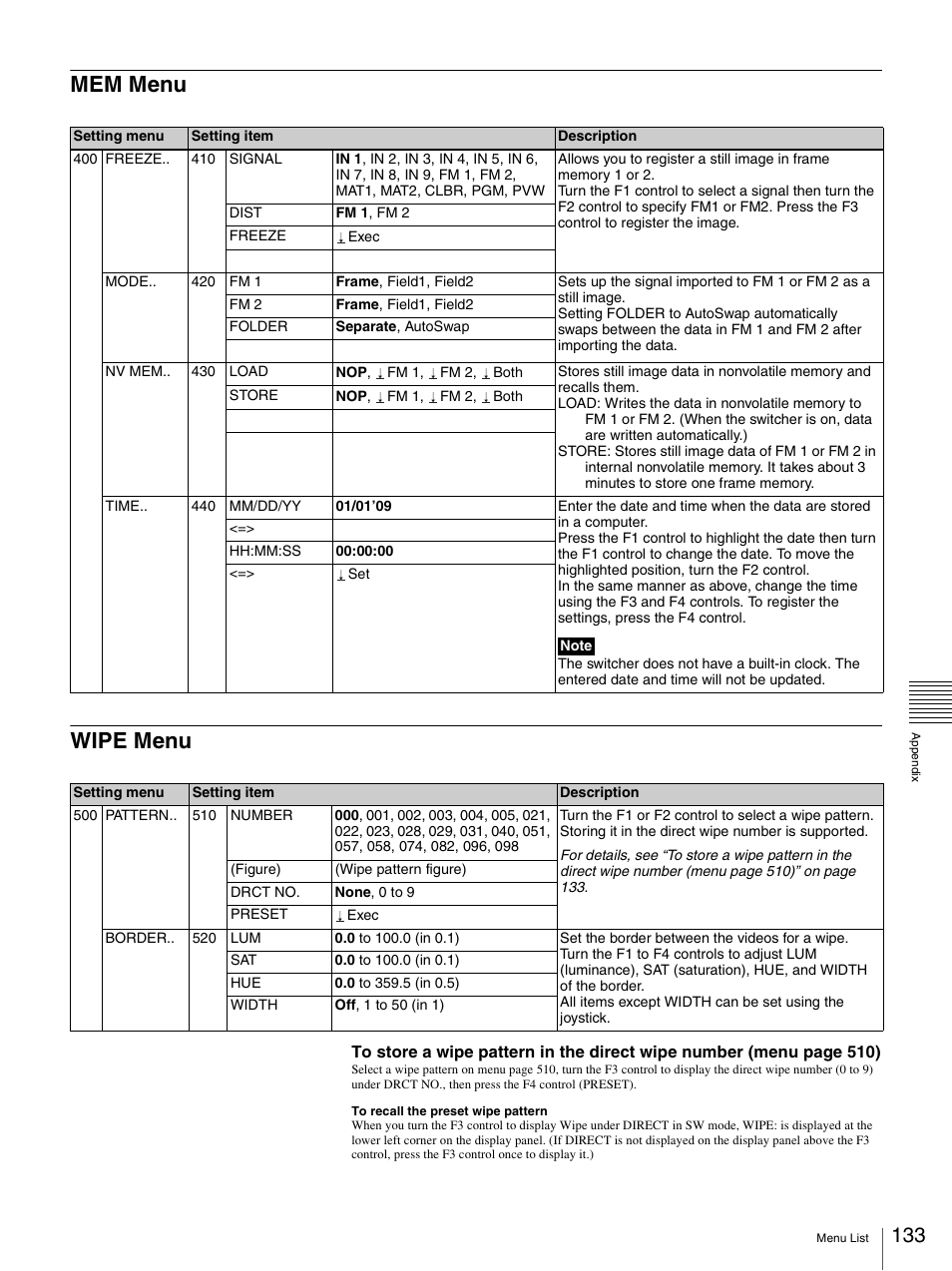 Mem menu, Wipe menu, Mem menu wipe menu | Sony BRS-200 User Manual | Page 133 / 159