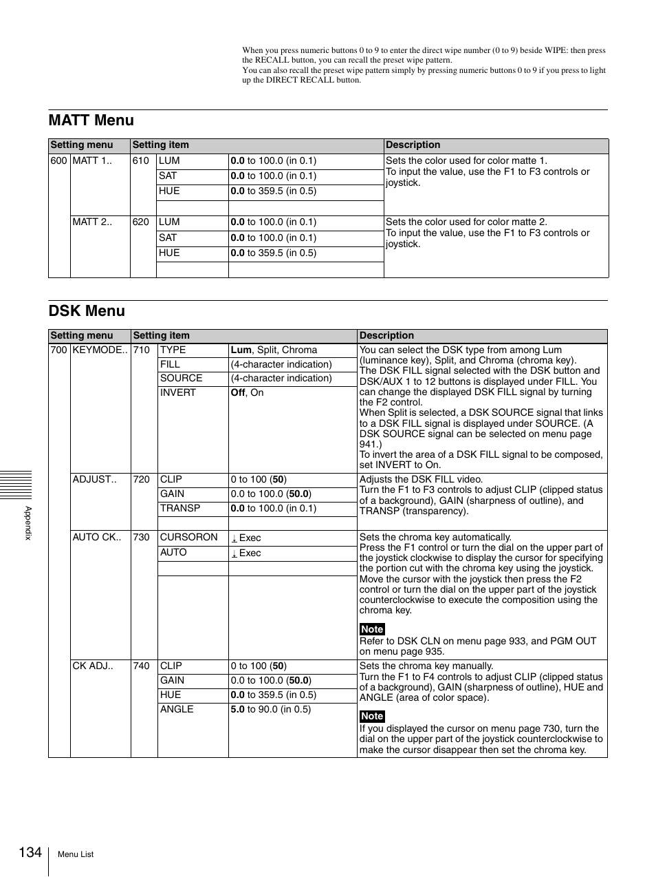 Matt menu, Dsk menu, Matt menu dsk menu | Sony BRS-200 User Manual | Page 134 / 159