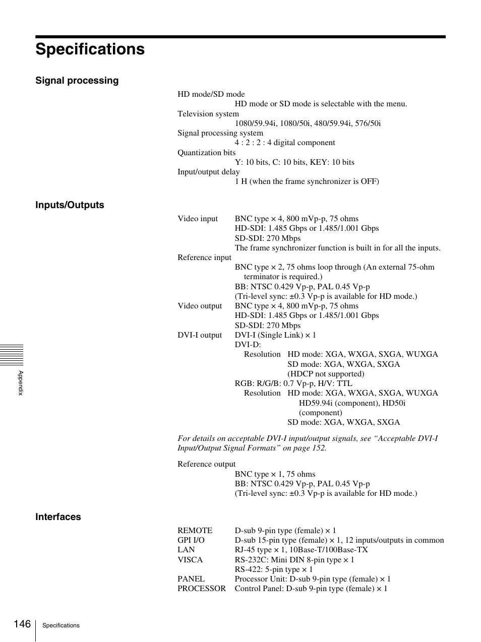 Specifications | Sony BRS-200 User Manual | Page 146 / 159