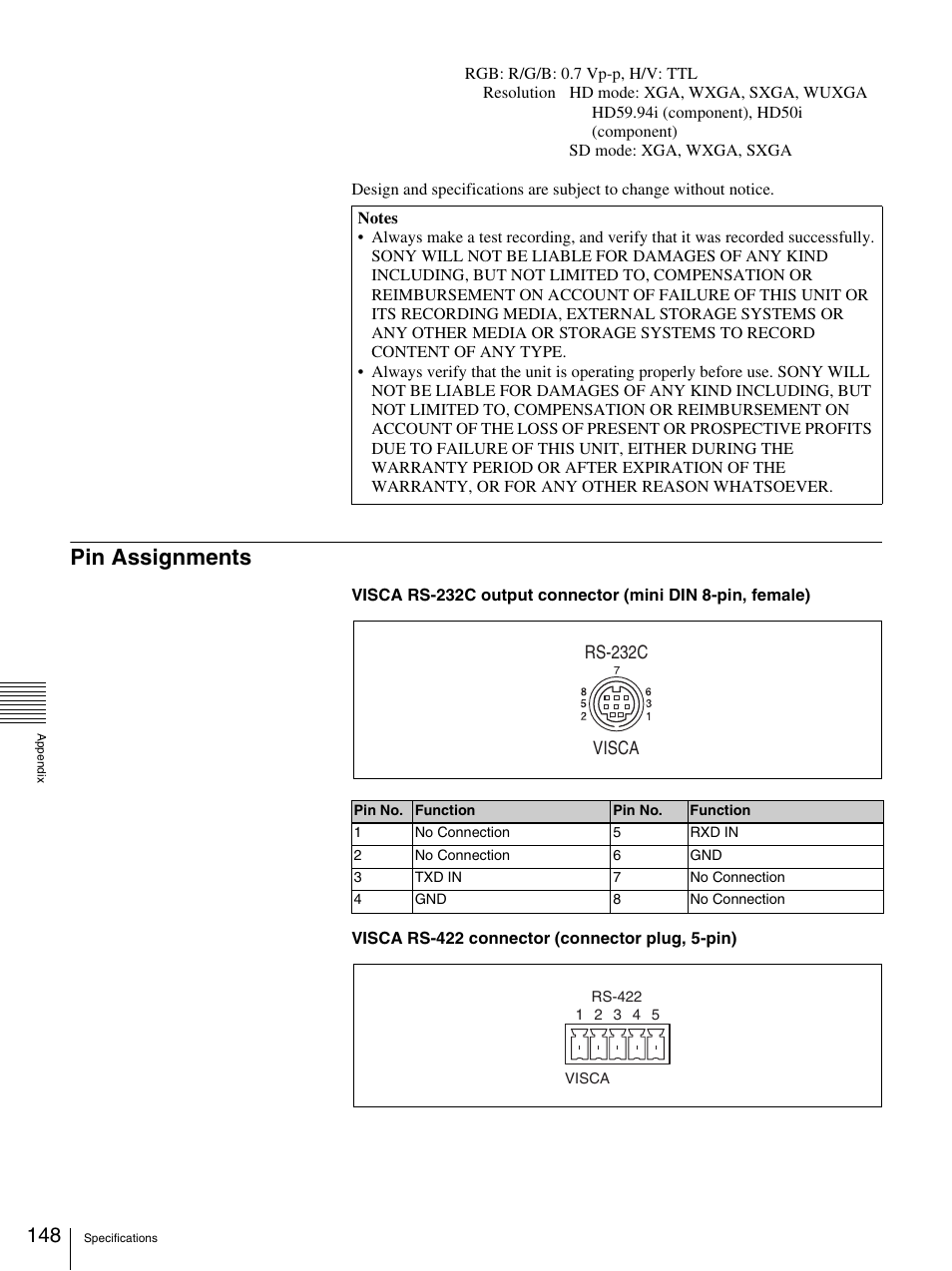 Pin assignments | Sony BRS-200 User Manual | Page 148 / 159