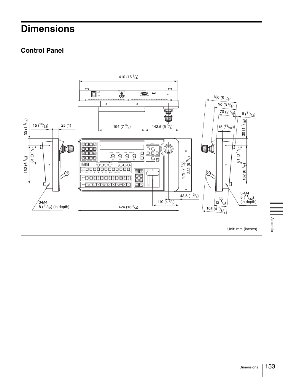 Dimensions, Control panel, M4 8 | Dimensions app end ix | Sony BRS-200 User Manual | Page 153 / 159