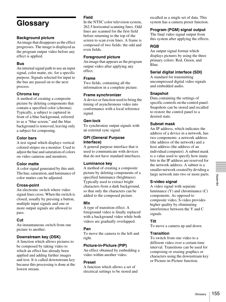 Glossary | Sony BRS-200 User Manual | Page 155 / 159