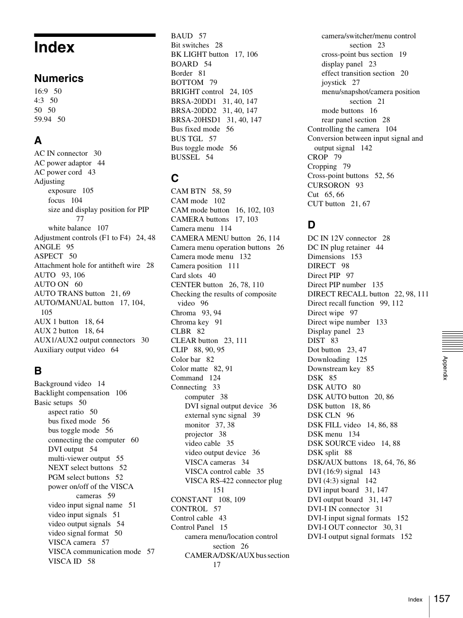 Index, Numerics | Sony BRS-200 User Manual | Page 157 / 159