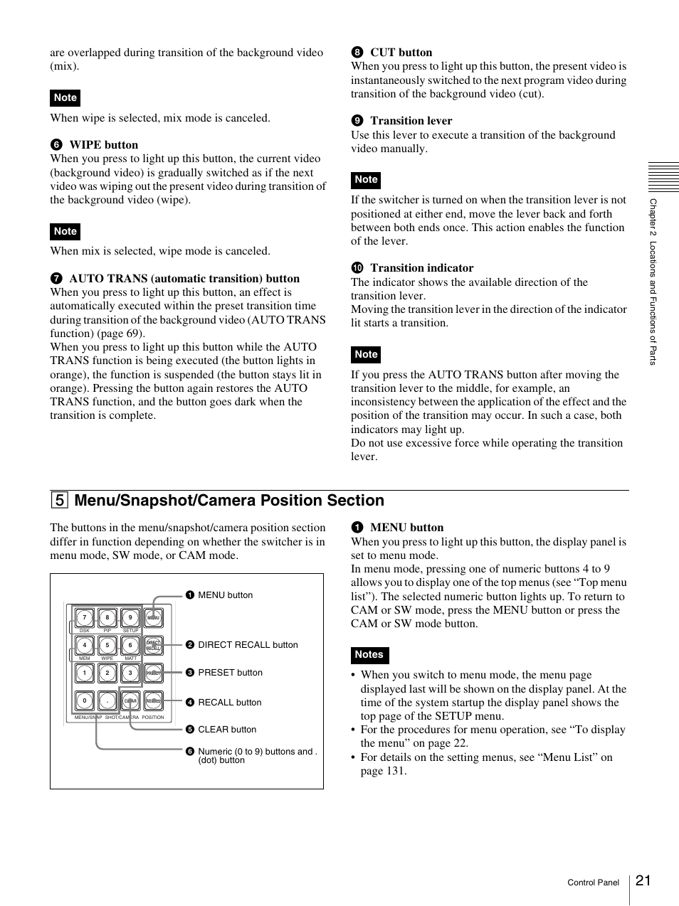 5 menu/snapshot/camera position section | Sony BRS-200 User Manual | Page 21 / 159